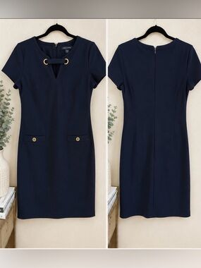 Signature Navy Short-Sleeve Sheath Dress with Gold Hardware